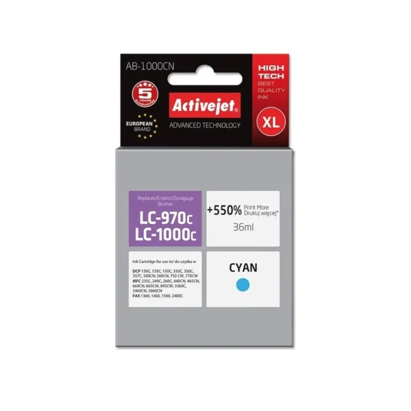 Activejet AB-1000CN Ink (replacement for Brother LC1000C/970C; Supreme; 36 ml; cyan). Prints 550% more.