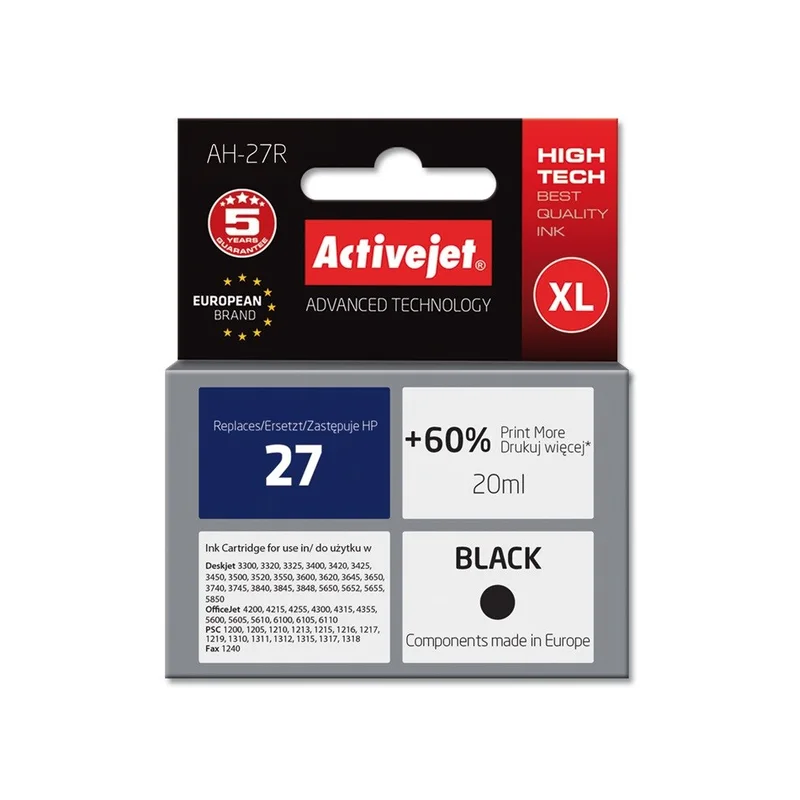Activejet AH-27R Ink (replacement for HP 27 C8727A; Premium; 20 ml; black)