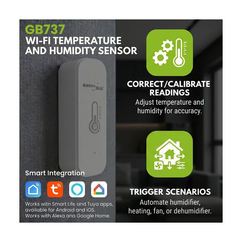 GreenBlue WiFi Temperature and Humidity Sensor, Android/iOS/Alexa/Google Home, 3.0V DC, LR03x2, GB737