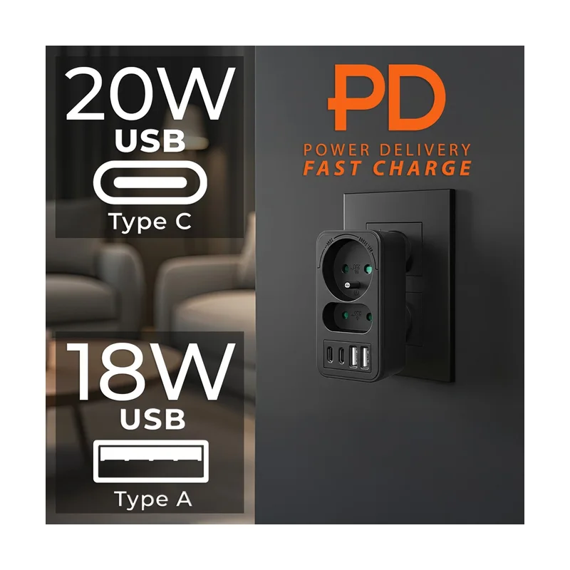 Maclean current socket x2 + 4xUSB, splitter with 2 sockets, 2xUSB A, 2xUSB C PD 20W, 1x16A + 1x6A, MCE249 F/B