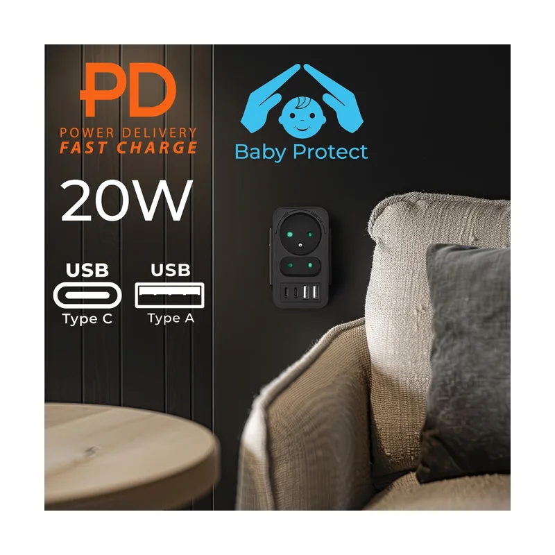 Maclean current socket x2 + 4xUSB, splitter with 2 sockets, 2xUSB A, 2xUSB C PD 20W, 1x16A + 1x6A, MCE249 F/B