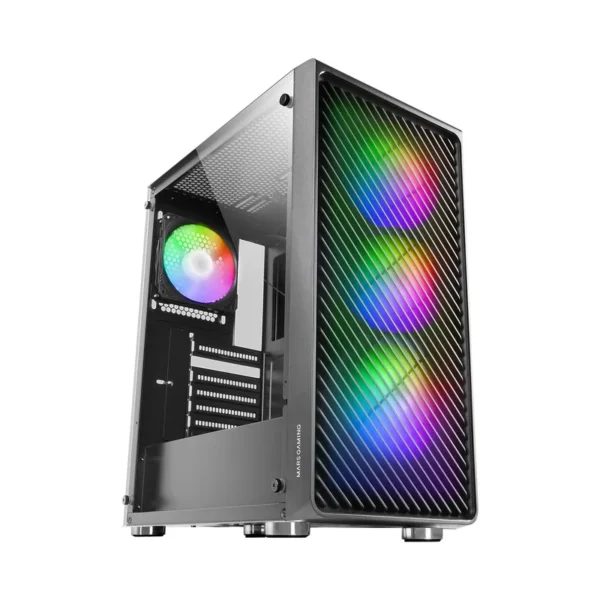Mars Gaming MC-F Black, ATX Gaming Semitower, Full Tempered Glass Window, Metal-Mesh Front, 4x 120mm ARGB Fans