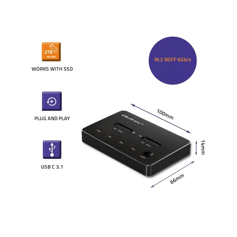 Qoltec 50310 Drive docking station 2x SSD M.2 SATA | NGFF | USB Type C