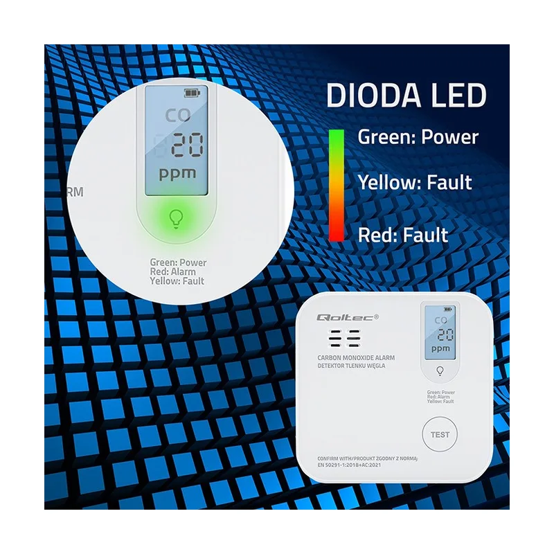 Qoltec 52577 Wireless Carbon monoxide (CO) sensor with battery | sensor service life 10 years | alarm 85dB | LED