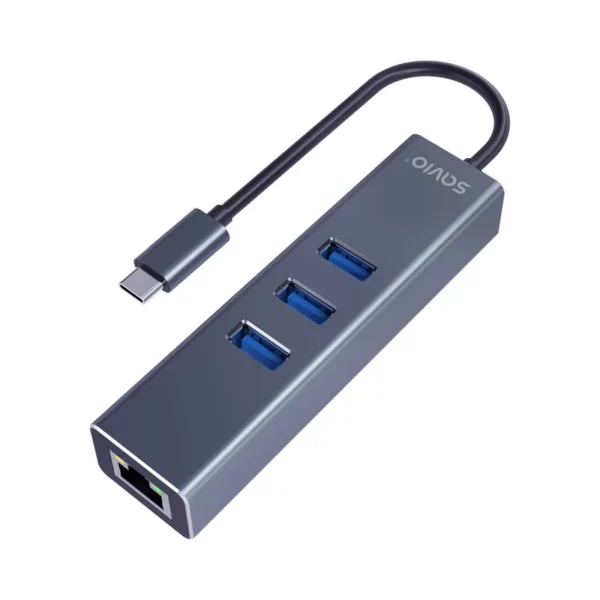 Savio AK-57 USB-C - 3 x USB-A HUB with RJ-45 Gigabit Ethernet adapter, 5000 Mbit/s, grey