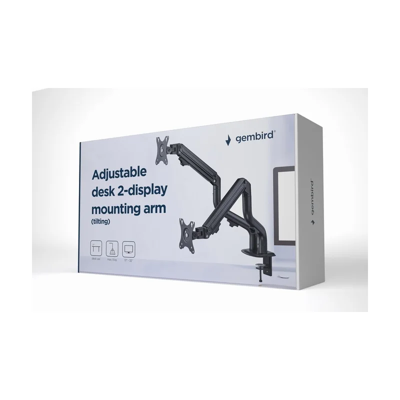 Gembird MA-DA2-02 Adjustable desk 2-display mounting arm (tilting), 17”-32”, up to 8 kg